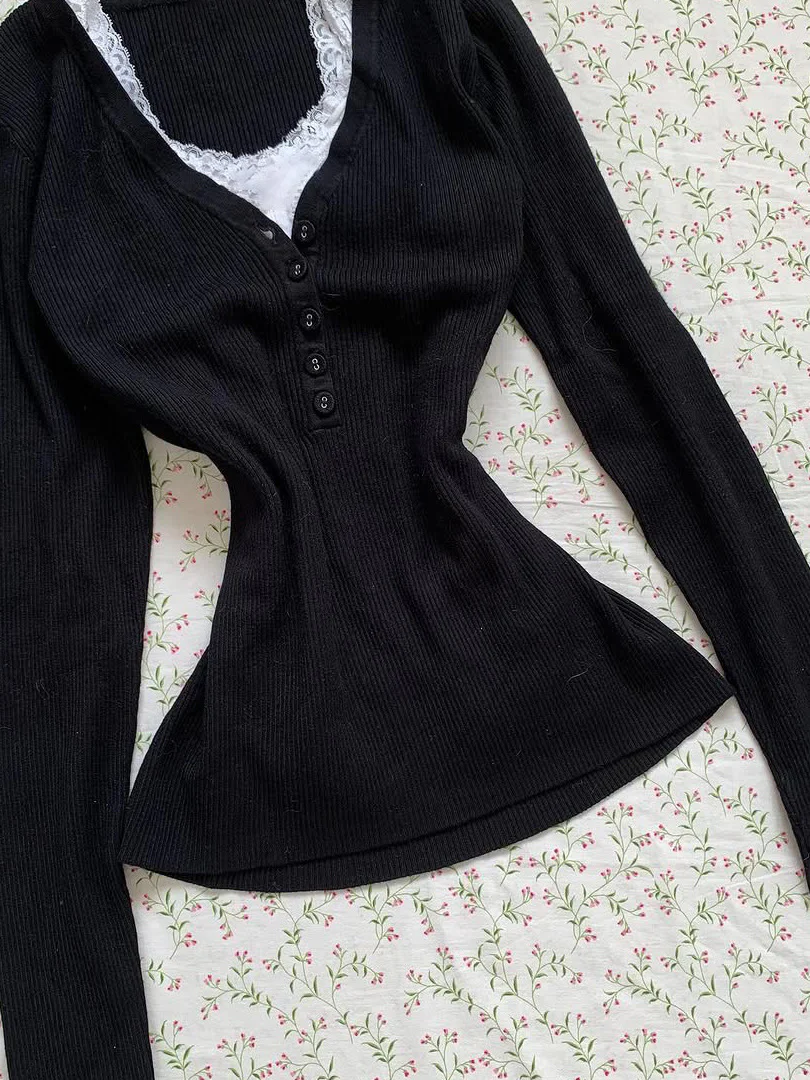 lace suspender U-neck long-sleeved top - Image 3