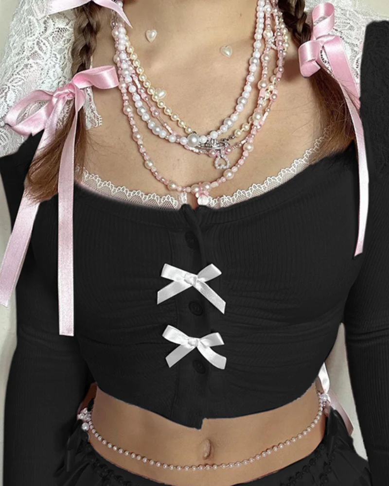 Lace Trimmed Bows Pink Long Sleeve Top - Image 4