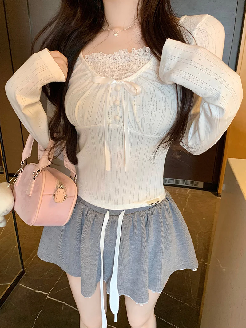 Lace-up Bow Long-sleeved Coquette Top - Image 2