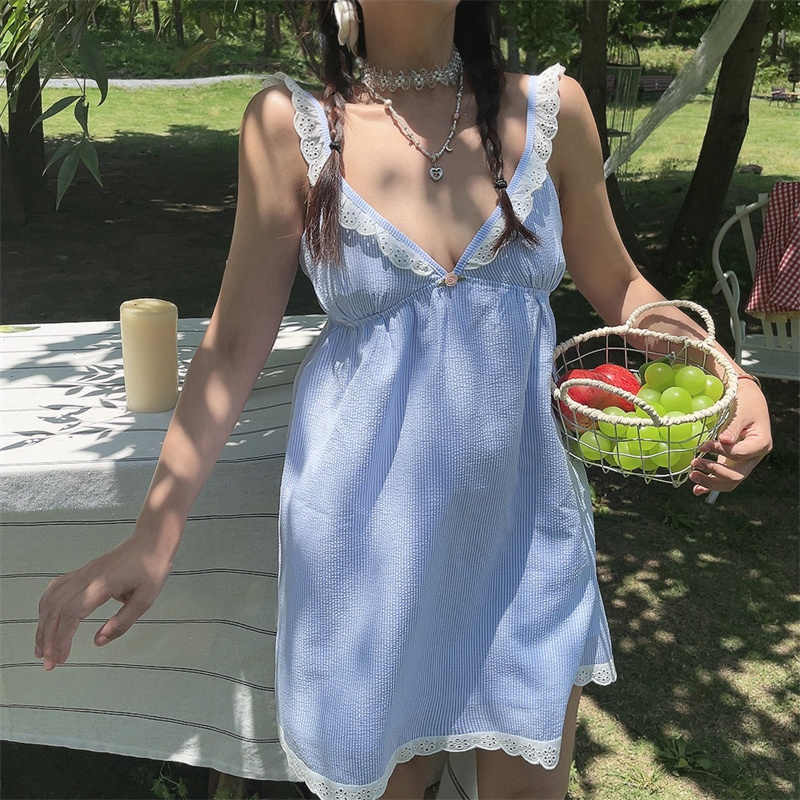 Lace V-neck Blue Plaid Dress - Image 2