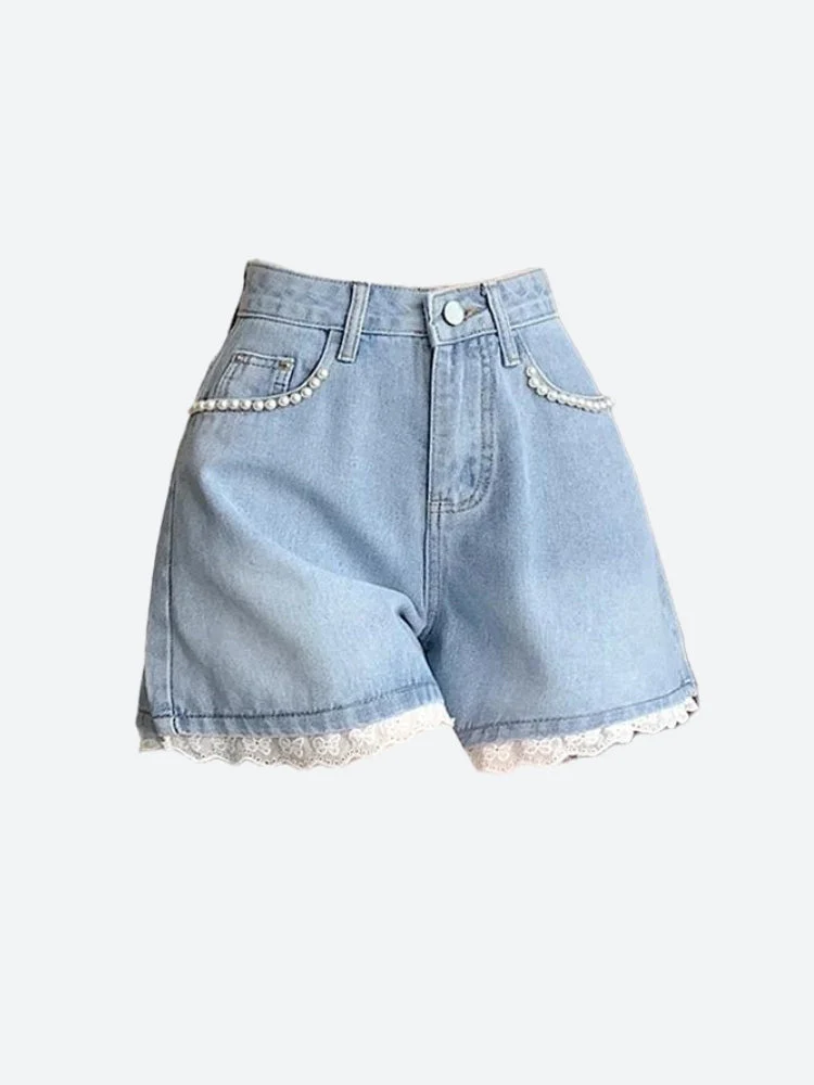 Lace Wide Leg Denim Shorts - Image 4