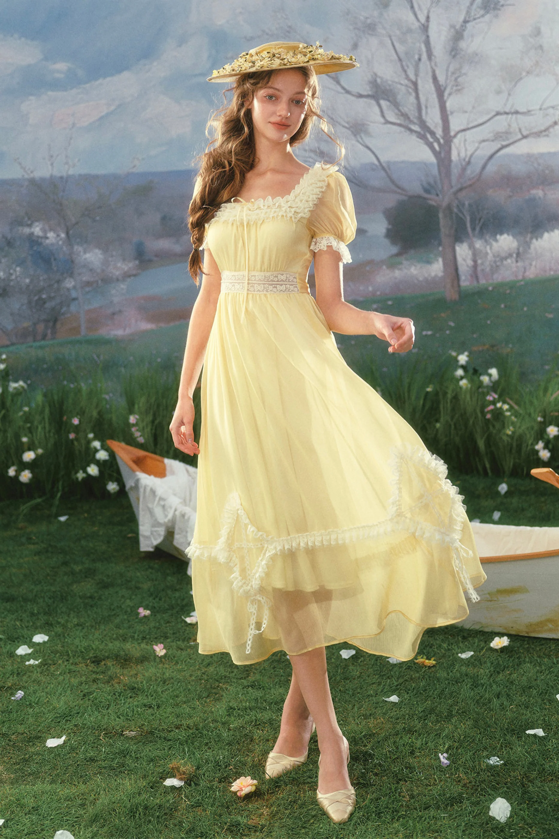 Lace Yellow Retro Long Dress - Image 2