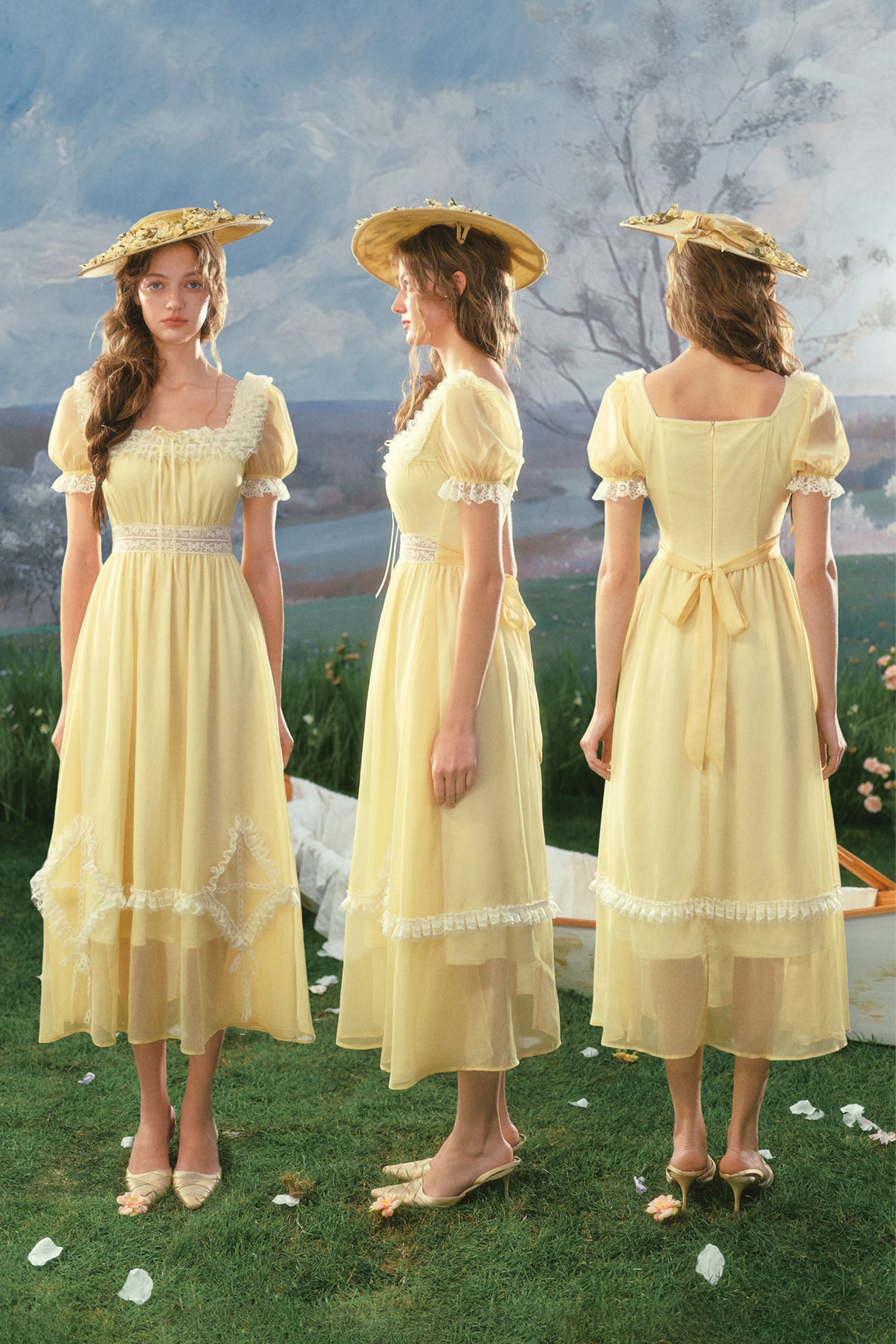Lace Yellow Retro Long Dress - Image 7