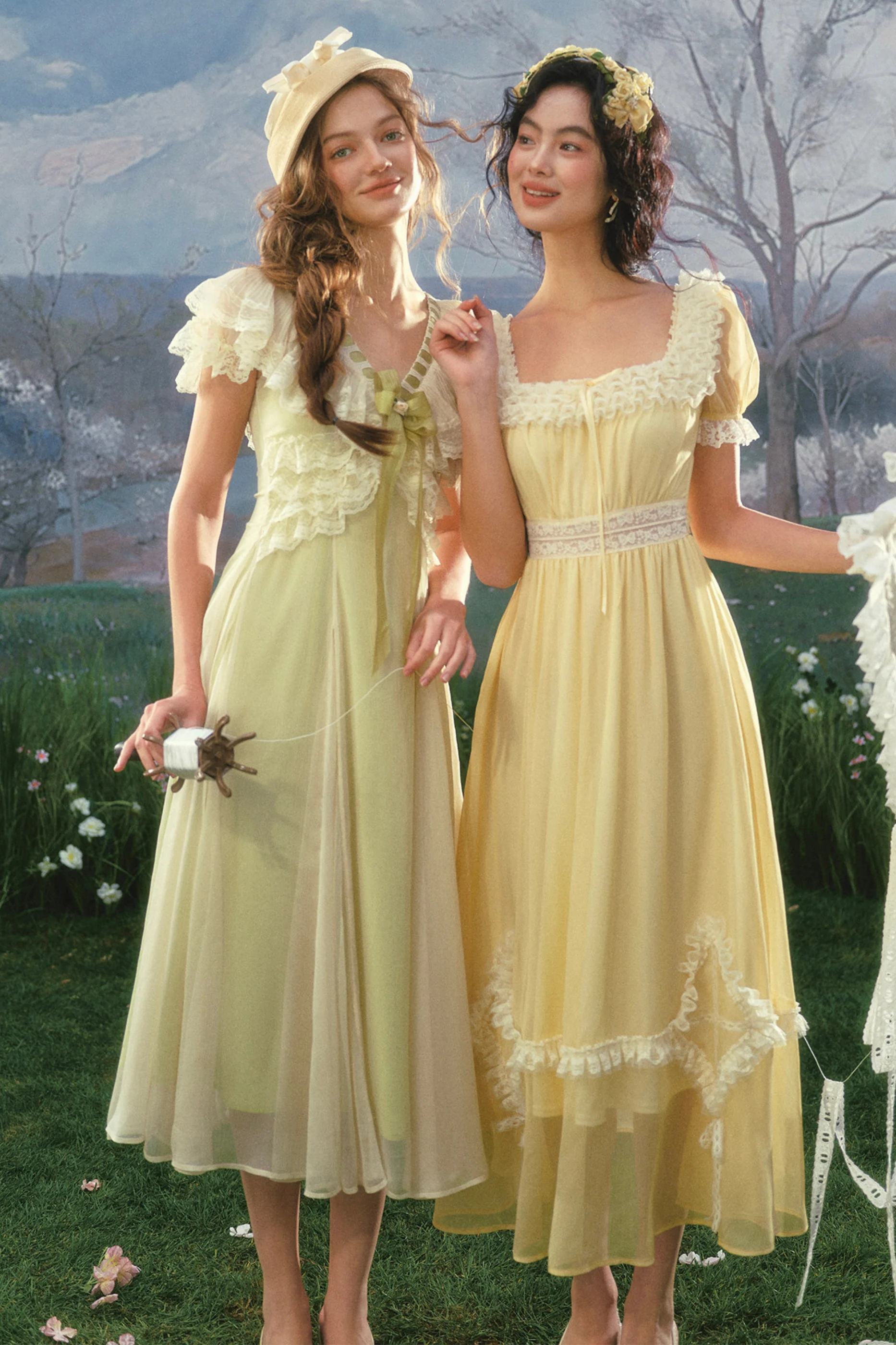 Lace Yellow Retro Long Dress - Image 8