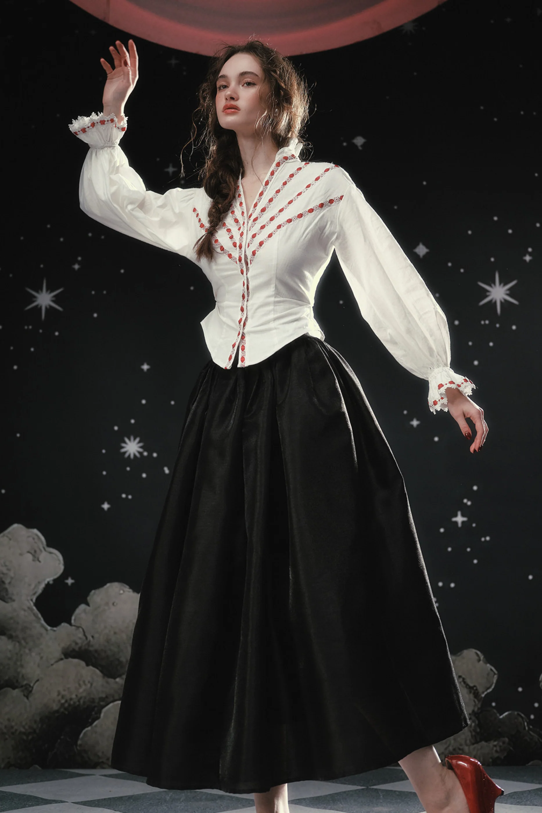 Lace Maid French Cotton Blouse + Flare Skirt
