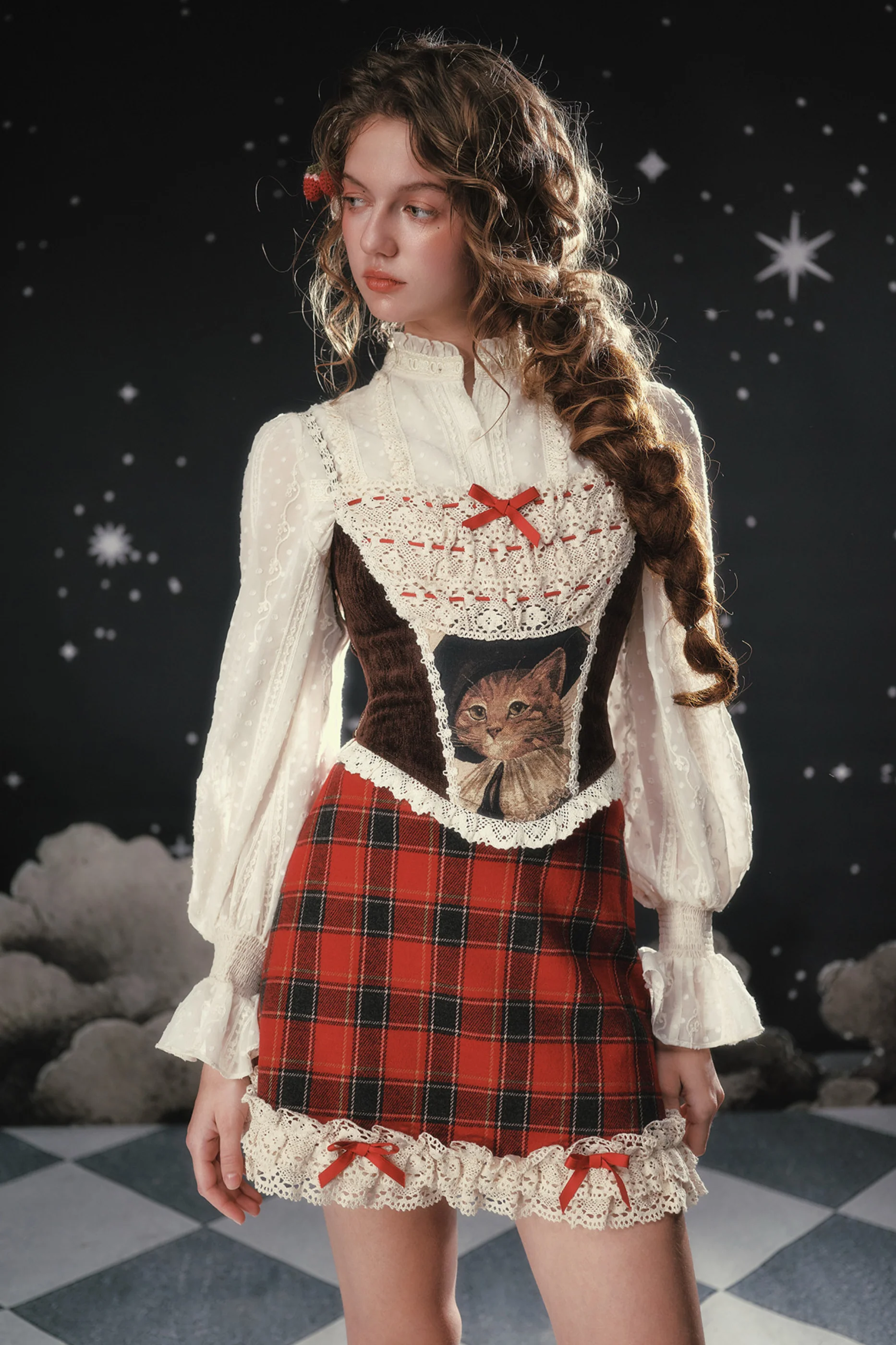 Lace Maid Plaid Corset Top + Crochet Cardigan + Plaid Skirt - Image 2