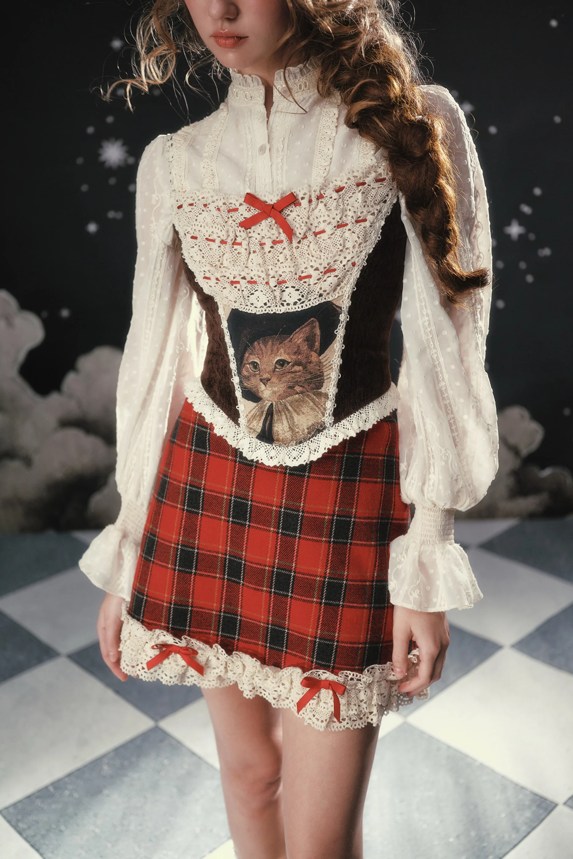 Lace Maid Plaid Corset Top + Crochet Cardigan + Plaid Skirt - Image 3