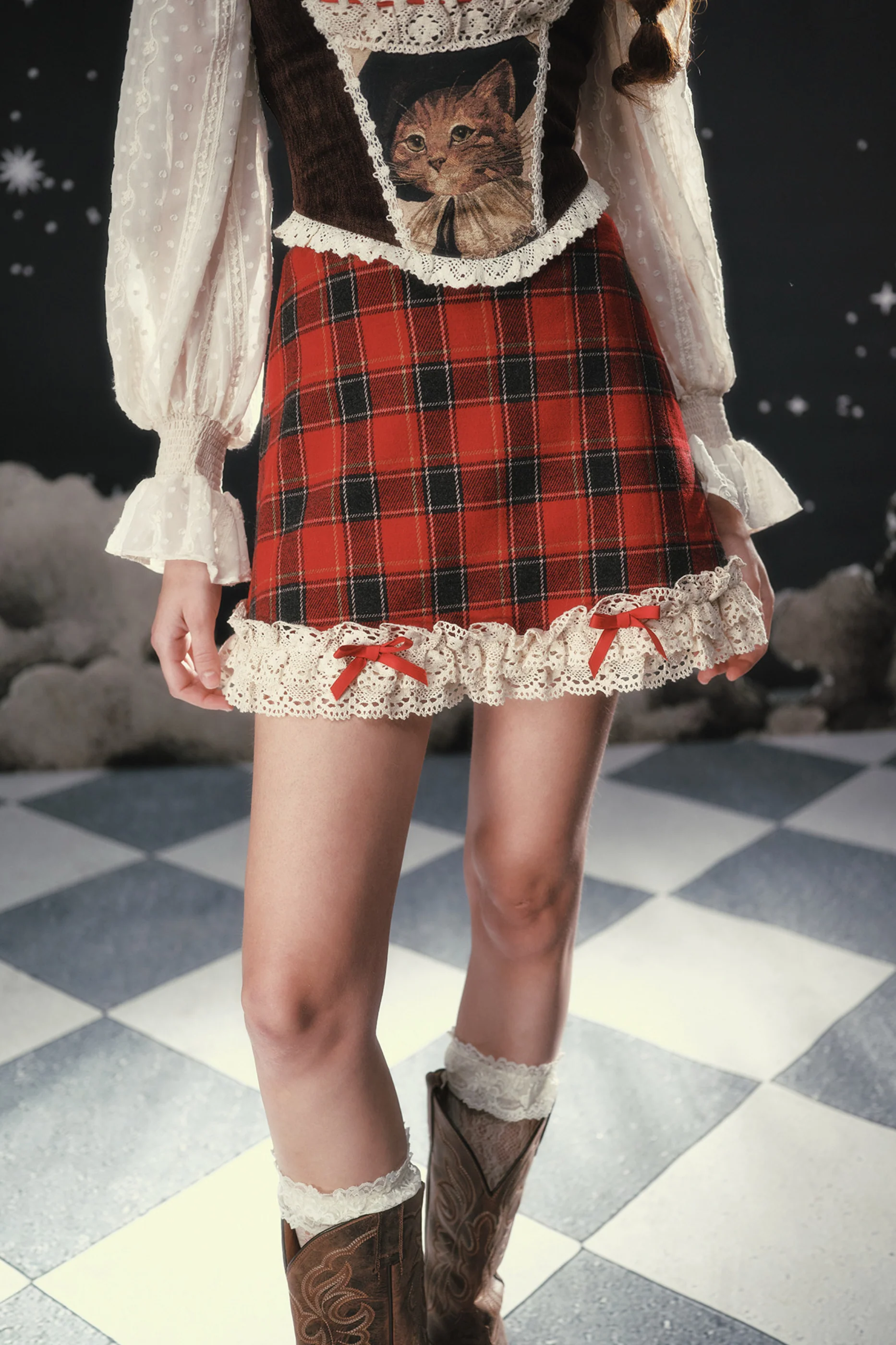 Lace Maid Plaid Corset Top + Crochet Cardigan + Plaid Skirt - Image 4