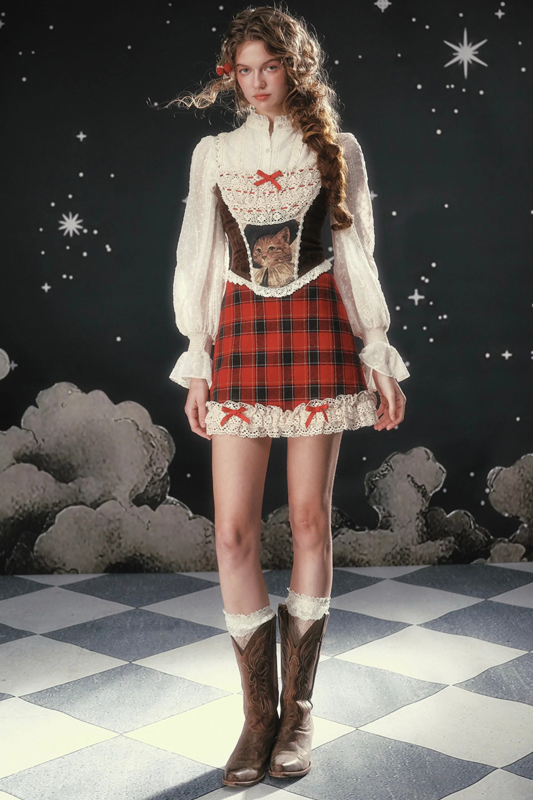 Lace Maid Plaid Corset Top + Crochet Cardigan + Plaid Skirt - Image 8