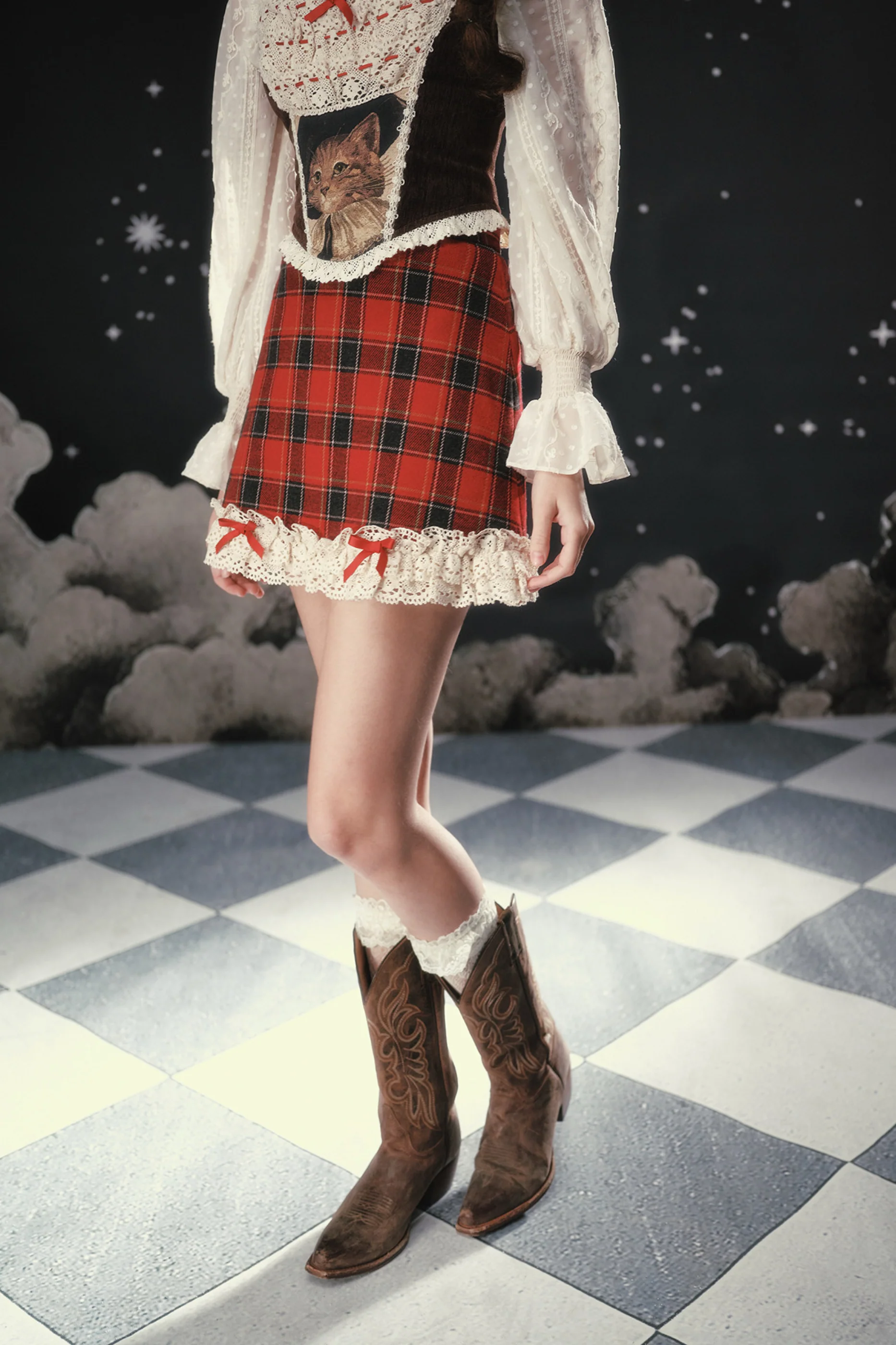 Lace Maid Plaid Corset Top + Crochet Cardigan + Plaid Skirt - Image 5