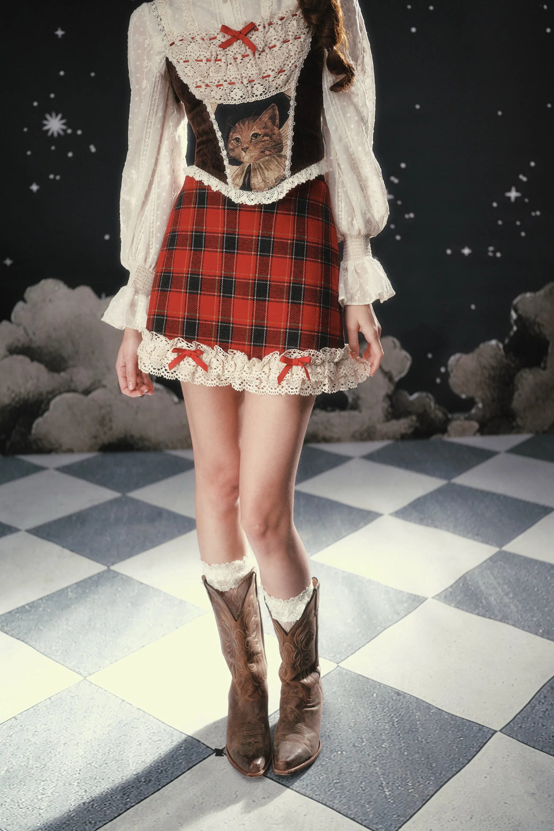 Lace Maid Plaid Corset Top + Crochet Cardigan + Plaid Skirt - Image 6