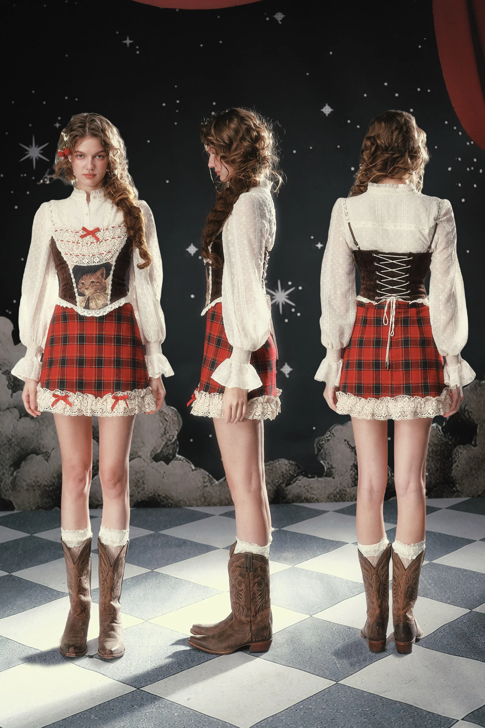 Lace Maid Plaid Corset Top + Crochet Cardigan + Plaid Skirt - Image 7