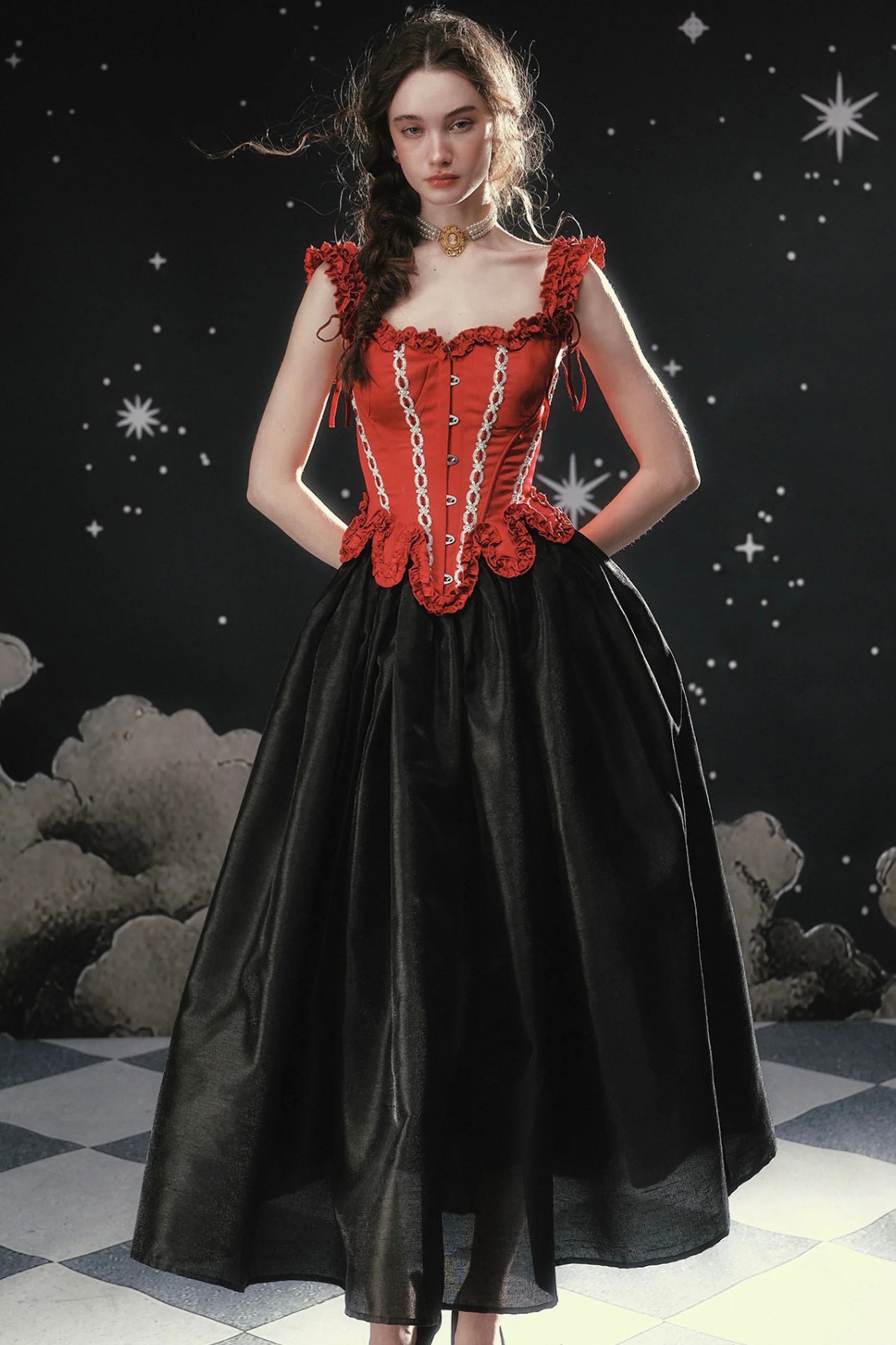 Lace Maid Retro Red Corset Top + Flare Skirt
