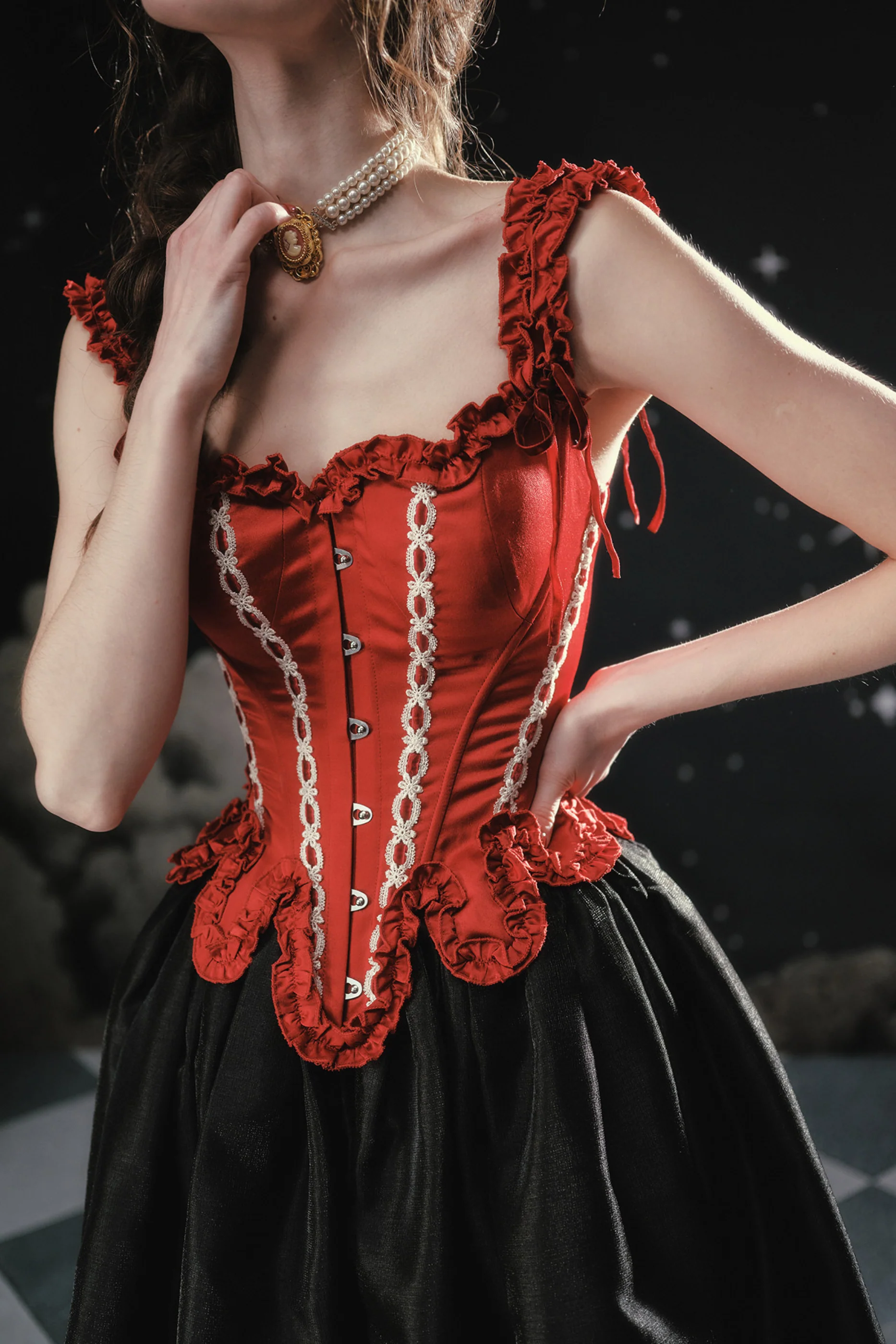 Lace Maid Retro Red Corset Top + Flare Skirt - Image 3