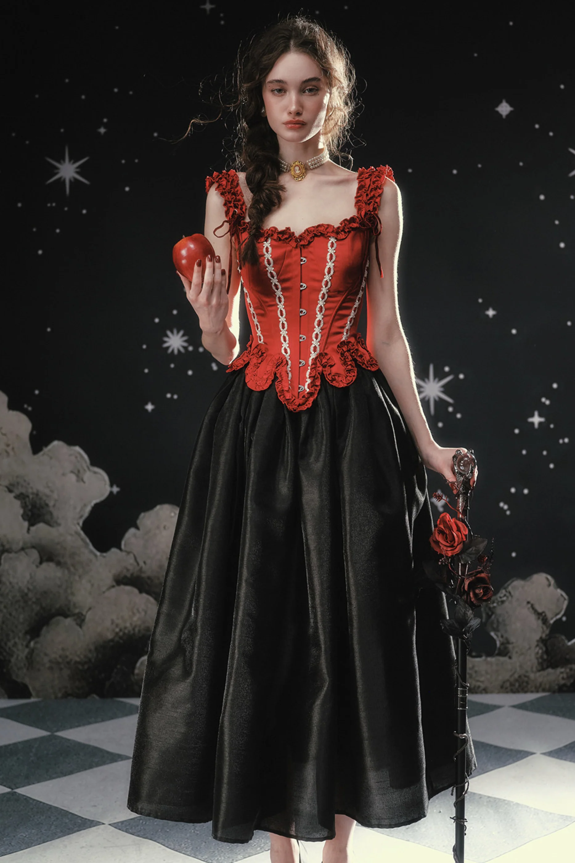 Lace Maid Retro Red Corset Top + Flare Skirt - Image 2