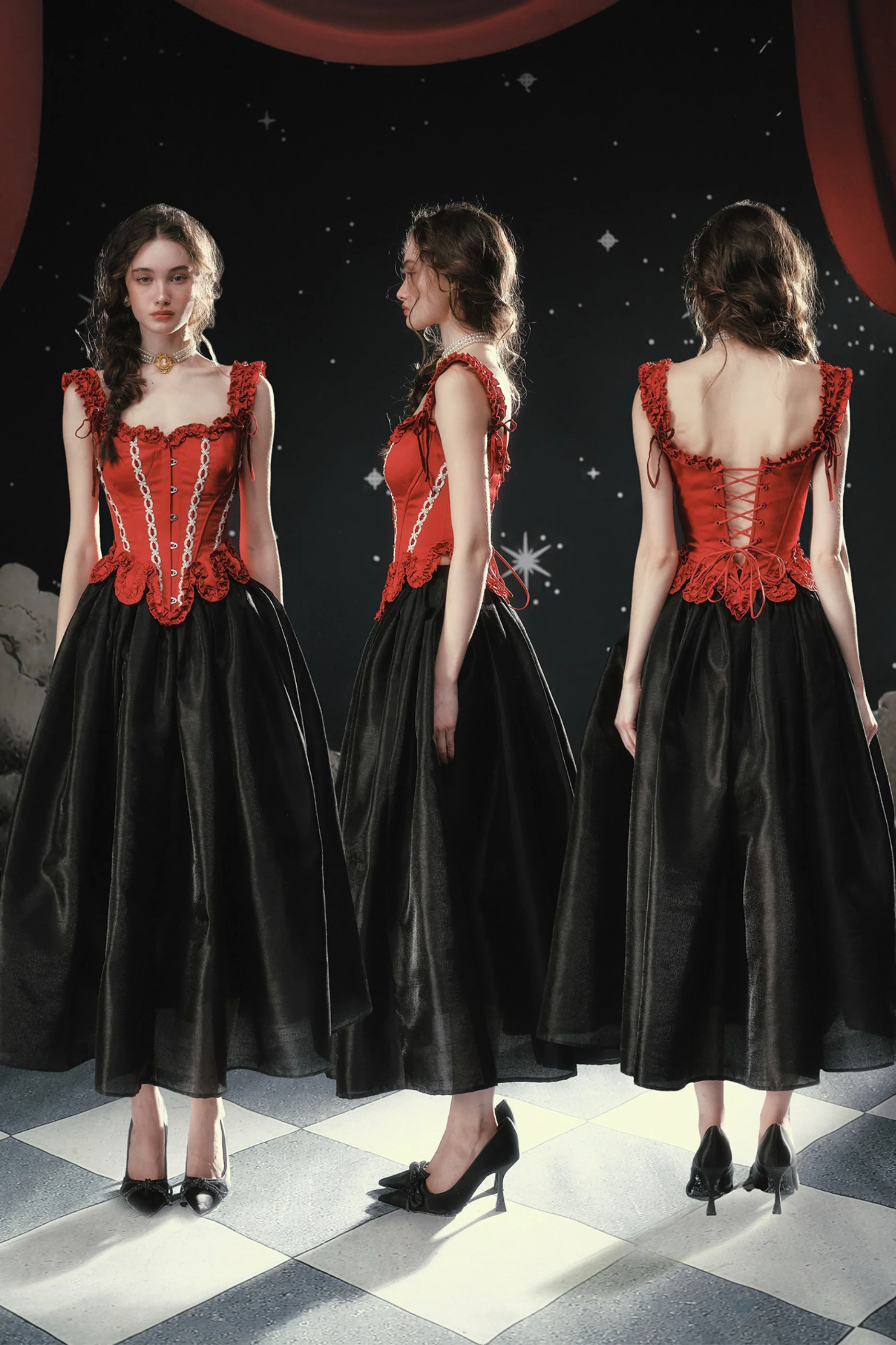 Lace Maid Retro Red Corset Top + Flare Skirt - Image 8