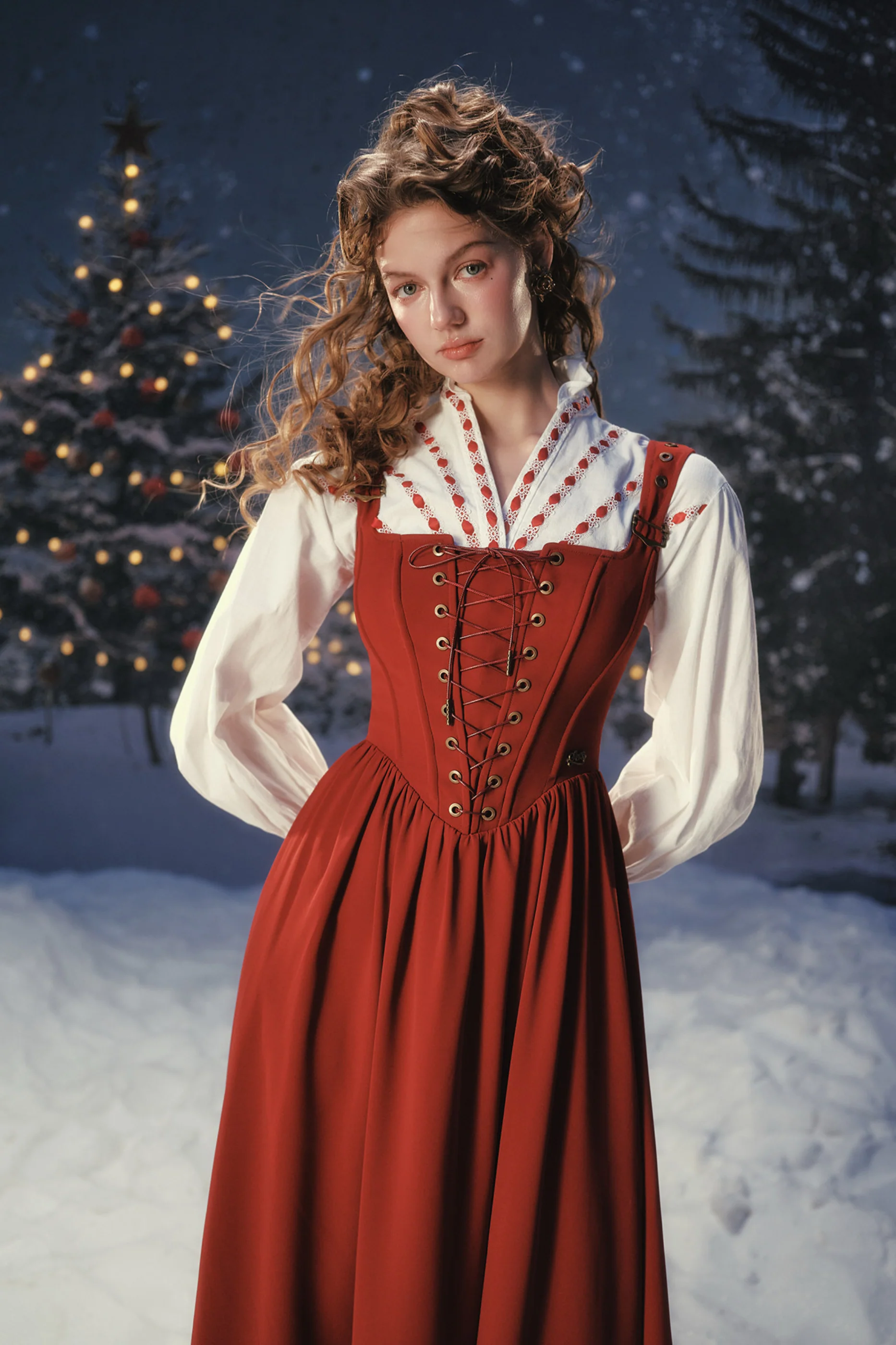 Lace Maid Retro Red Suspender Dress + Blouse - Image 11
