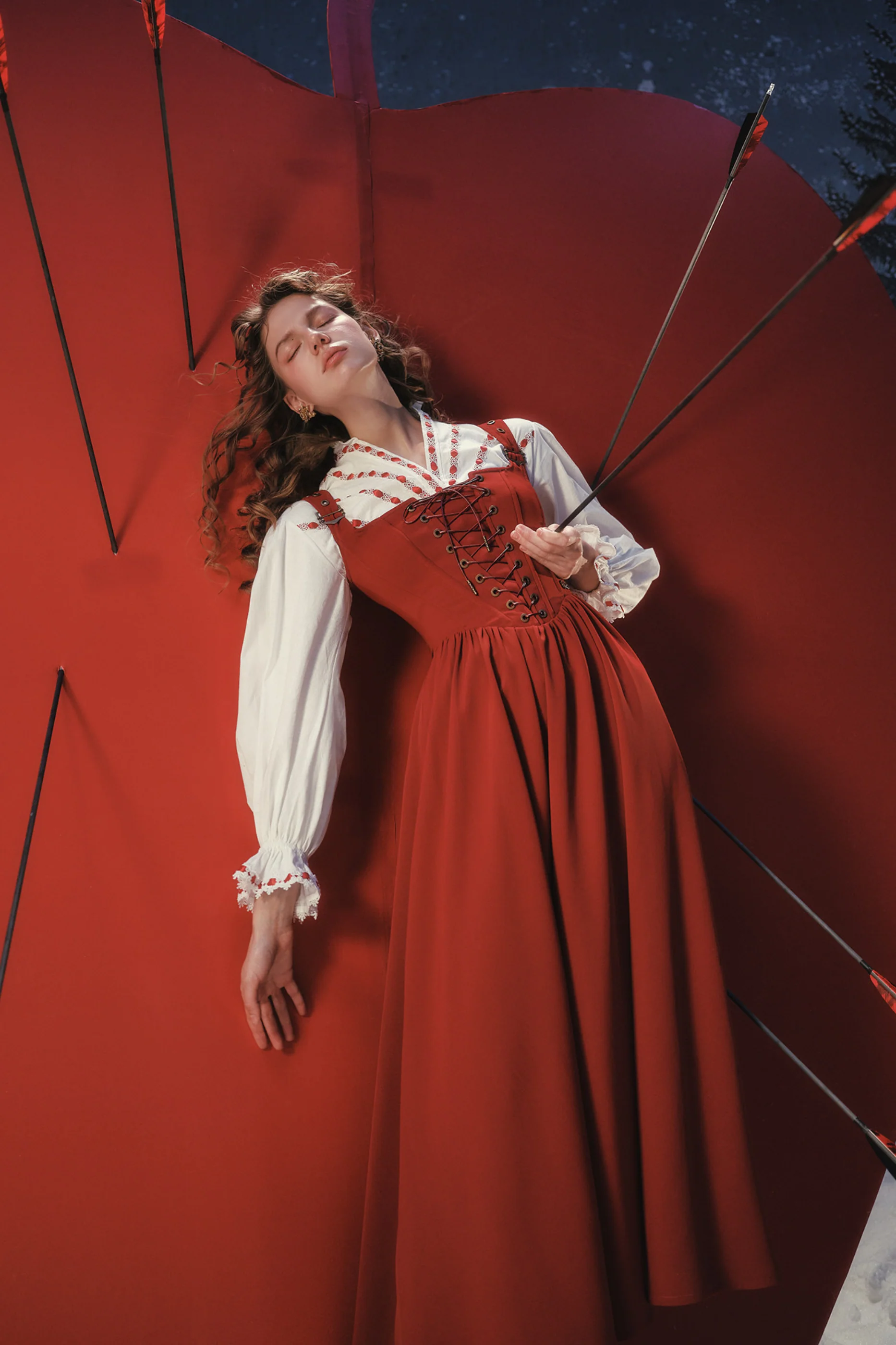 Lace Maid Retro Red Suspender Dress + Blouse - Image 4