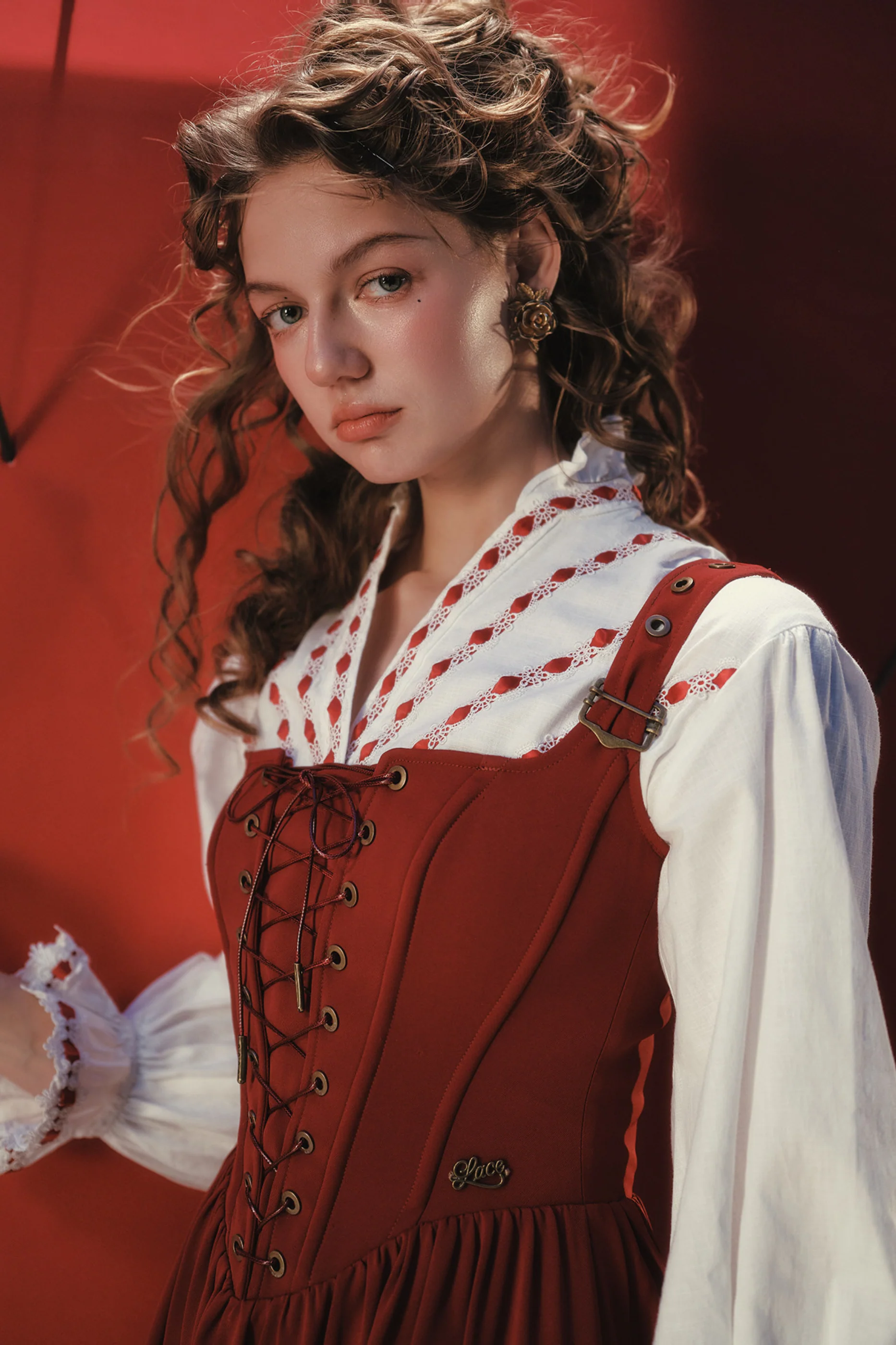 Lace Maid Retro Red Suspender Dress + Blouse - Image 7