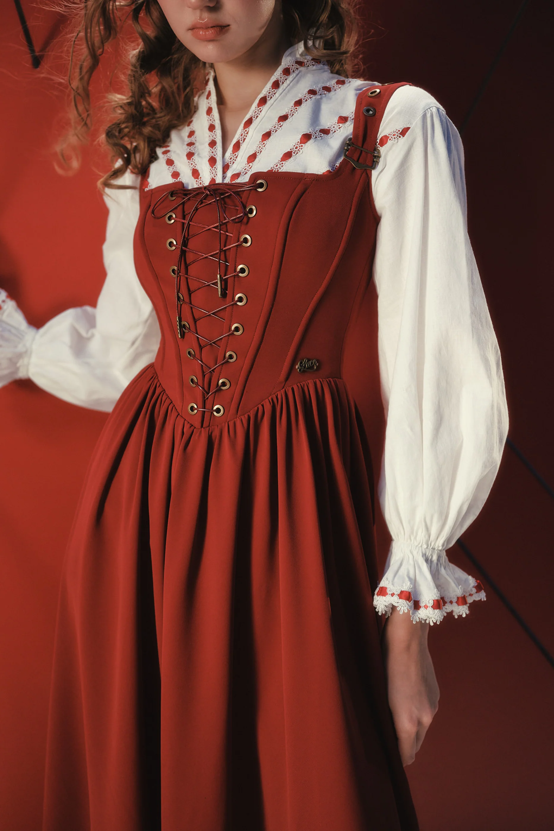 Lace Maid Retro Red Suspender Dress + Blouse - Image 6