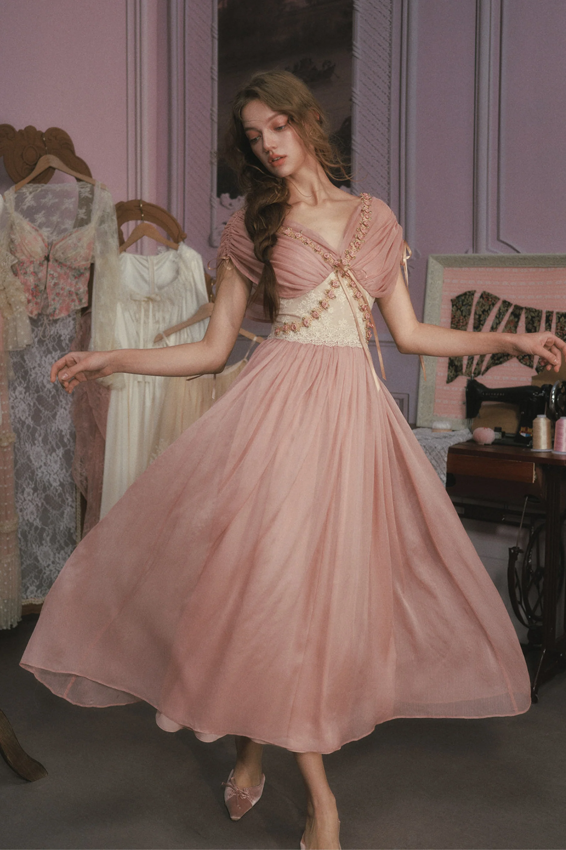 Lace Maid Rose Retro Long Dress - Image 5