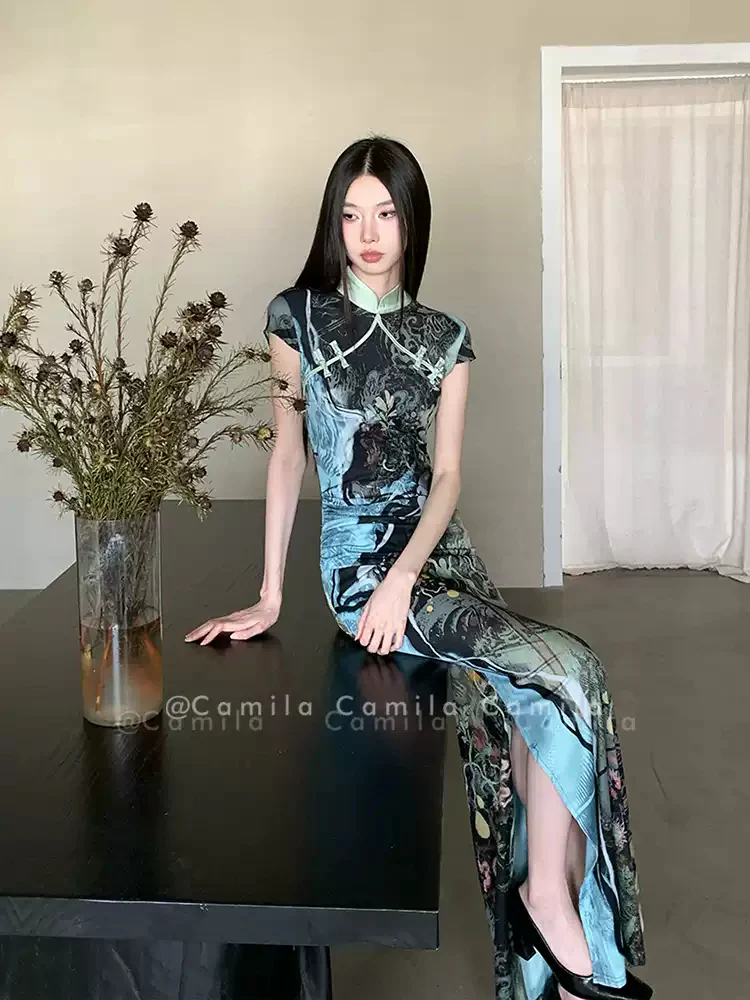 Landscape Painting Printed Cheongsam Dress - Image 4