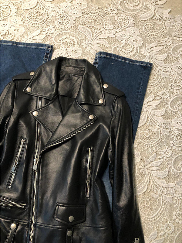 lapel motorcycle leather jacket - Image 2