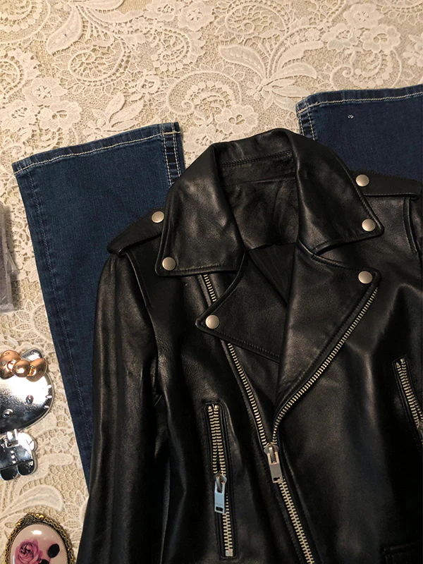 lapel motorcycle leather jacket - Image 3