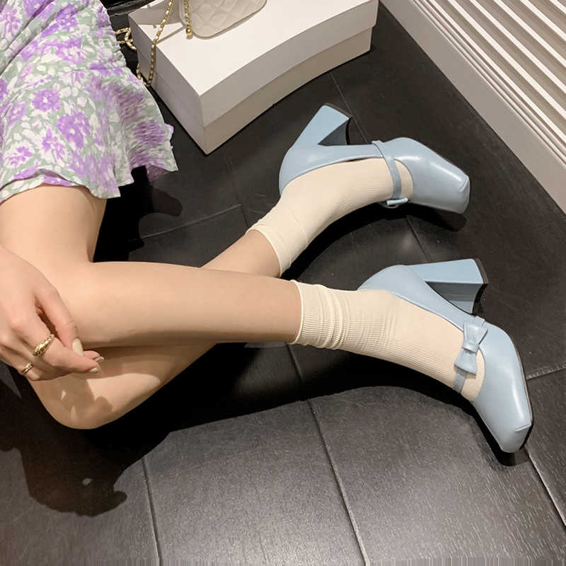 Leather Square Toe Shallow Mouth High Heels - Image 3