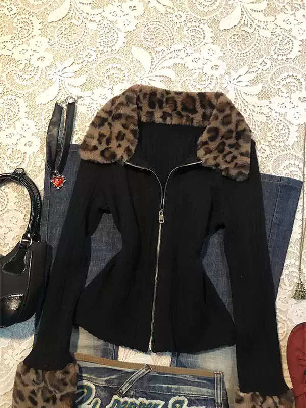 leopard print fur collar knitted cardigan jacket - Image 3