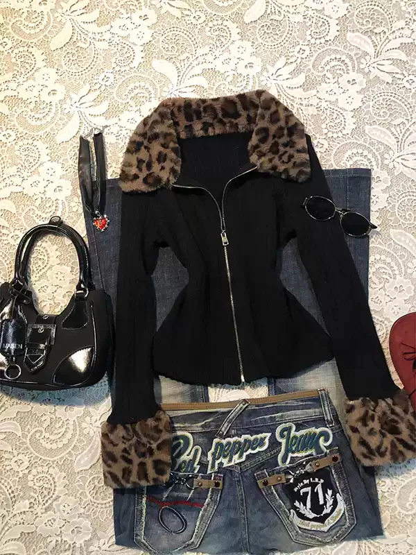 leopard print fur collar knitted cardigan jacket - Image 4