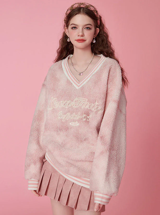 Letter Embroidery Faux Two Piece V-Neck Sweatshirt