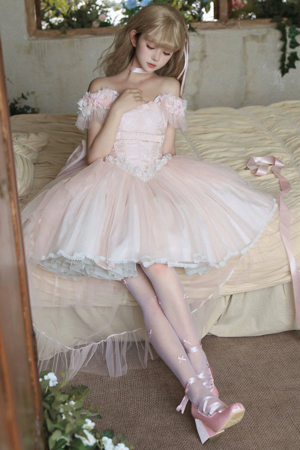 Light Pink Sweet Lolita Dress with Ribbon Tail - Image 5