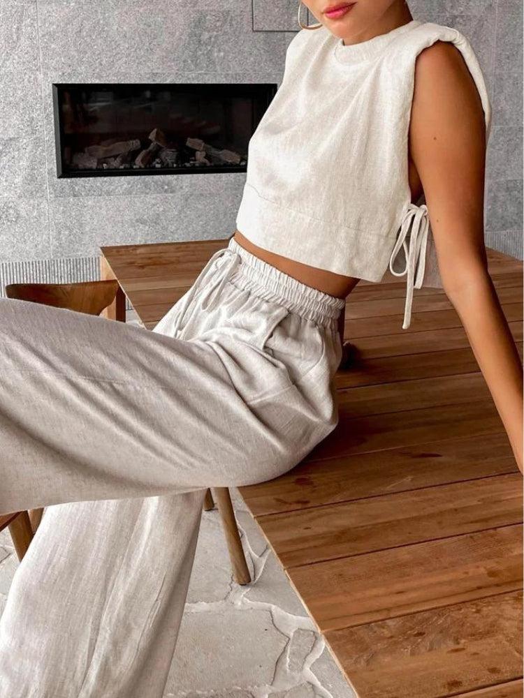 Linen Lace Up Crop Top & Pants Coord - Image 2
