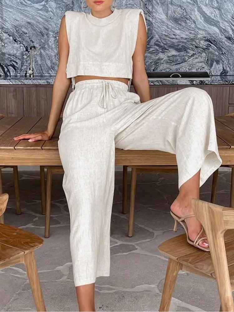 Linen Lace Up Crop Top & Pants Coord - Image 3