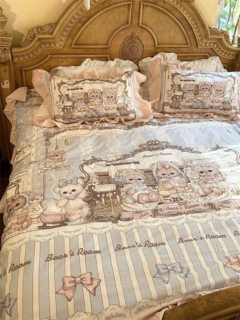Little Bear Tea Party lolita washed cotton sheet four-piece set - Image 2