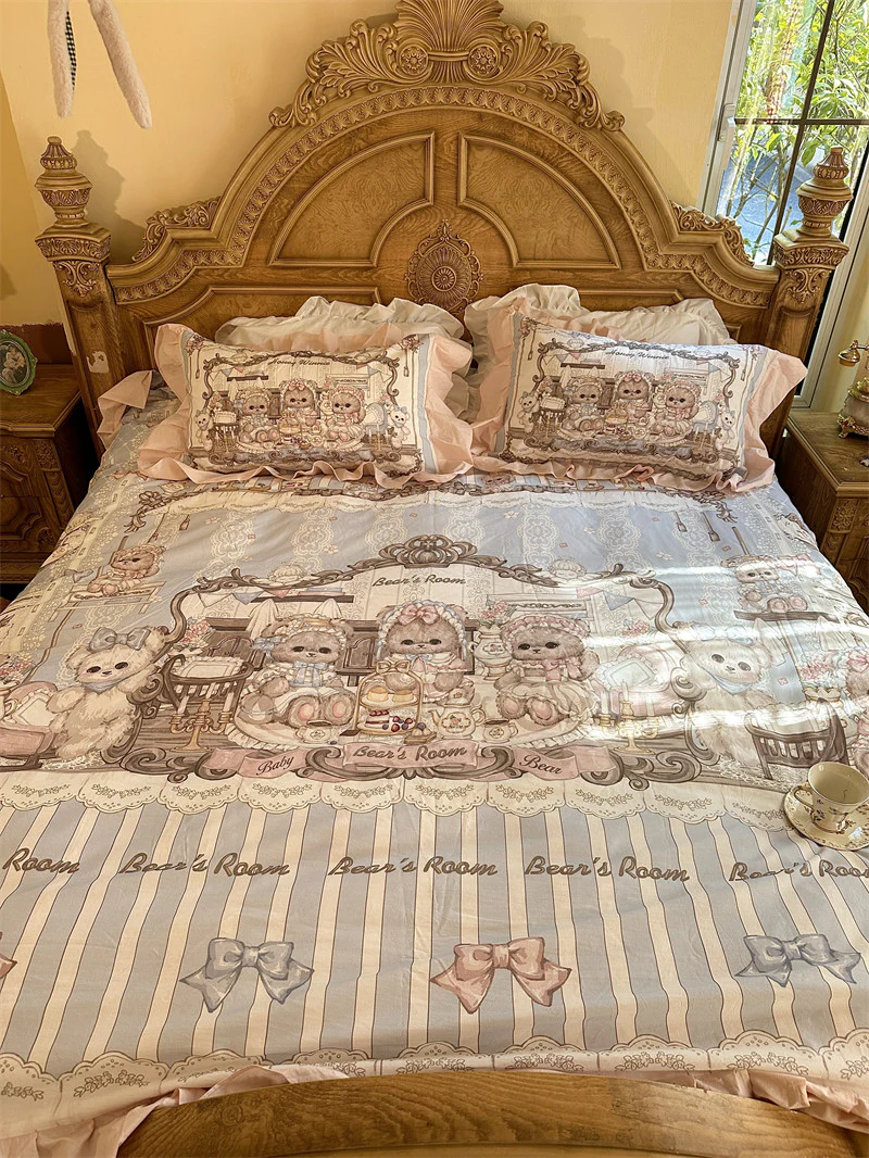 Little Bear Tea Party lolita washed cotton sheet four-piece set - Image 3