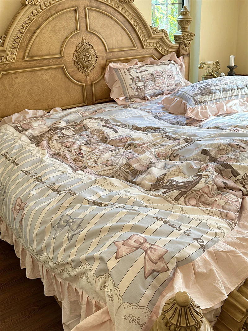 Little Bear Tea Party lolita washed cotton sheet four-piece set - Image 4