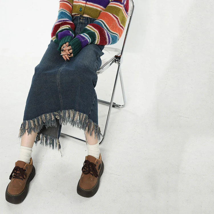 Aesthetic Long Denim Fringe Skirt - Image 2
