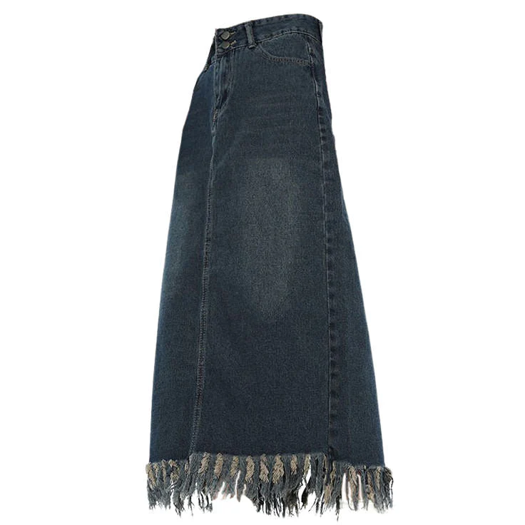 Aesthetic Long Denim Fringe Skirt - Image 3