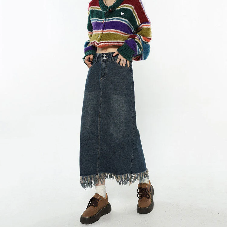 Aesthetic Long Denim Fringe Skirt - Image 4