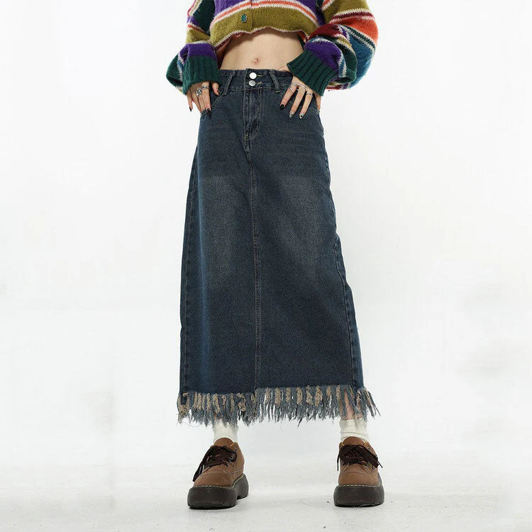 Aesthetic Long Denim Fringe Skirt - Image 5