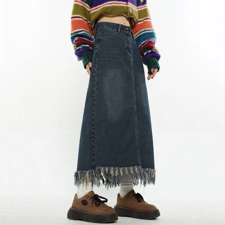 Aesthetic Long Denim Fringe Skirt - Image 6