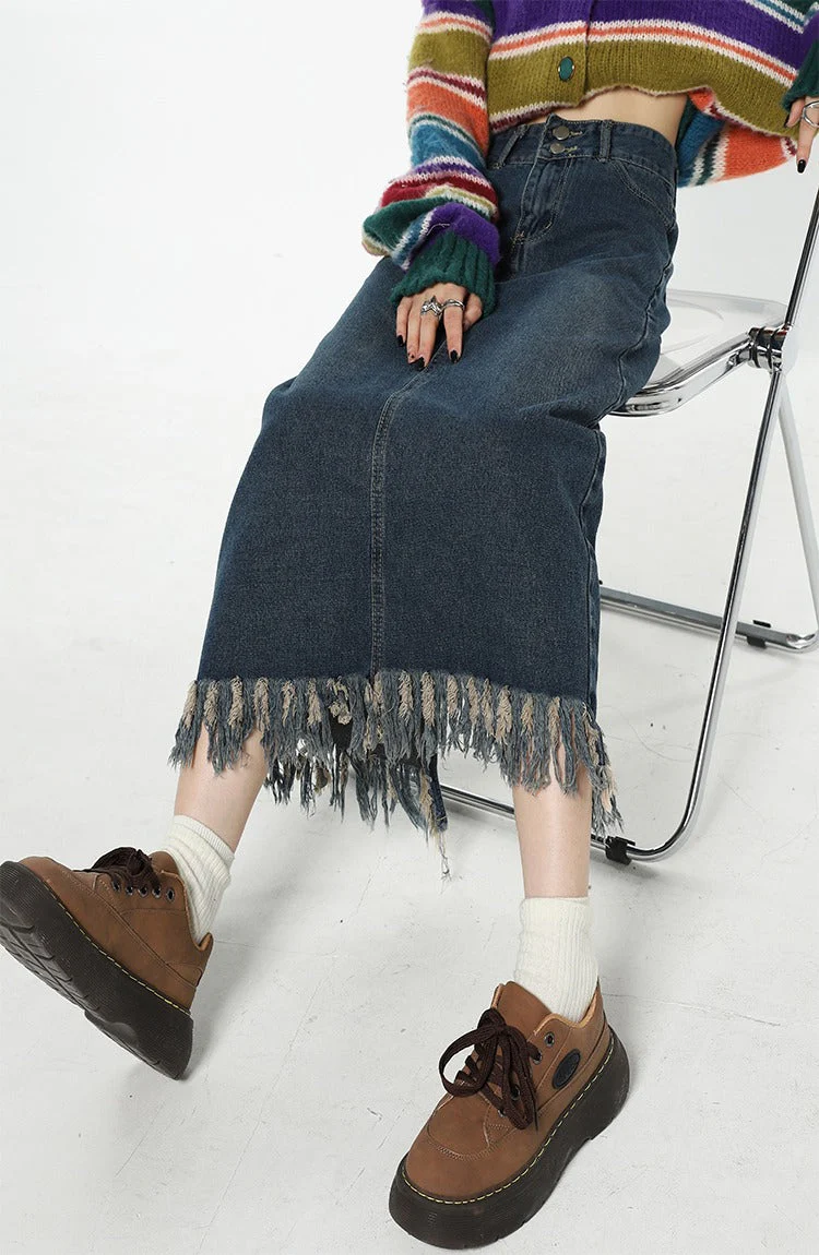 Aesthetic Long Denim Fringe Skirt - Image 7