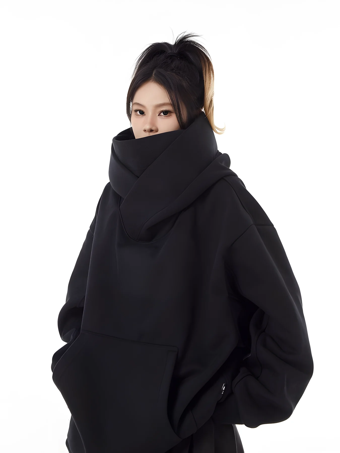 Loose Fit High Neck Hooded Pullover - Image 3