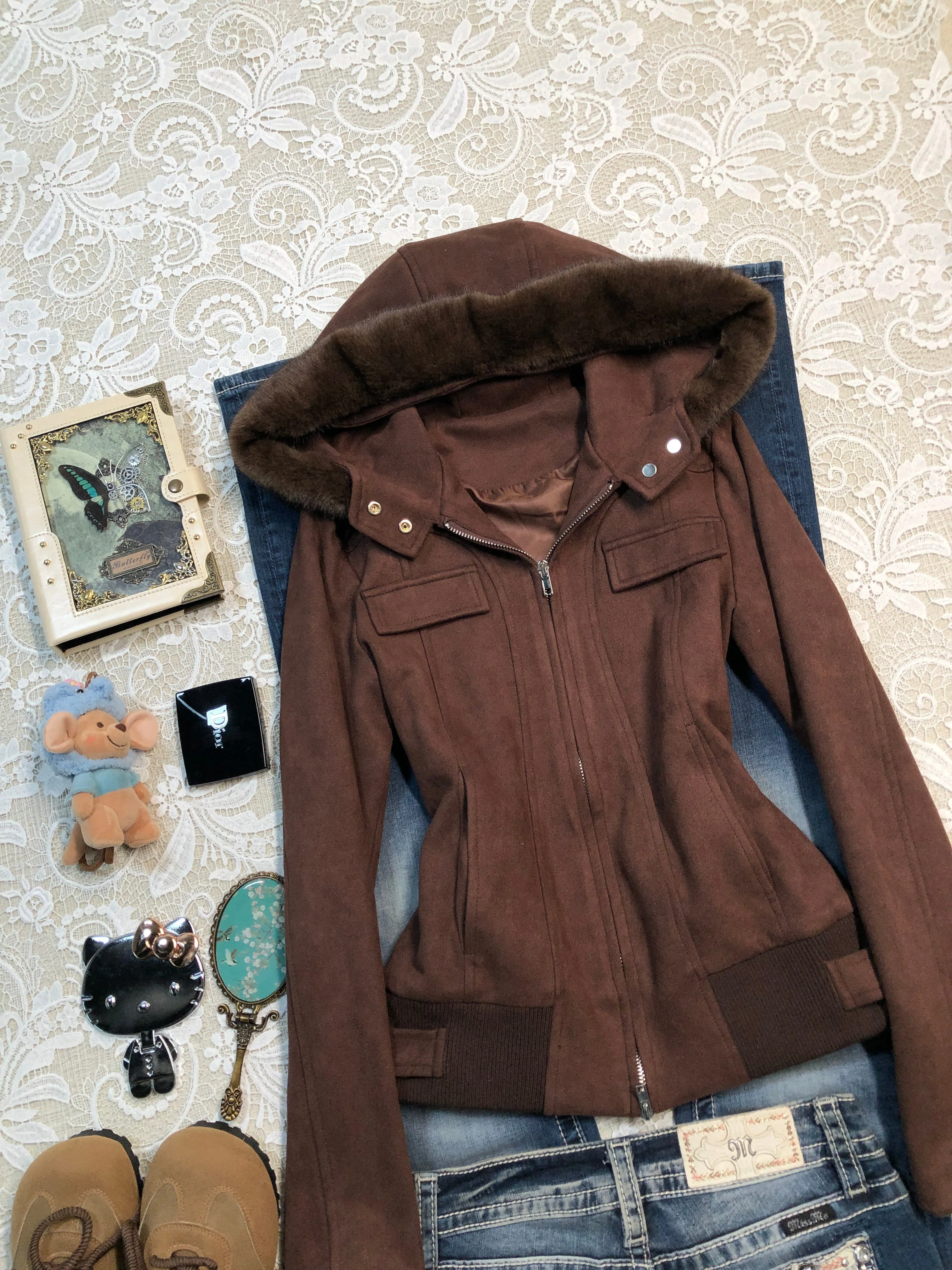 Maillard fur collar hooded short coat - Image 3