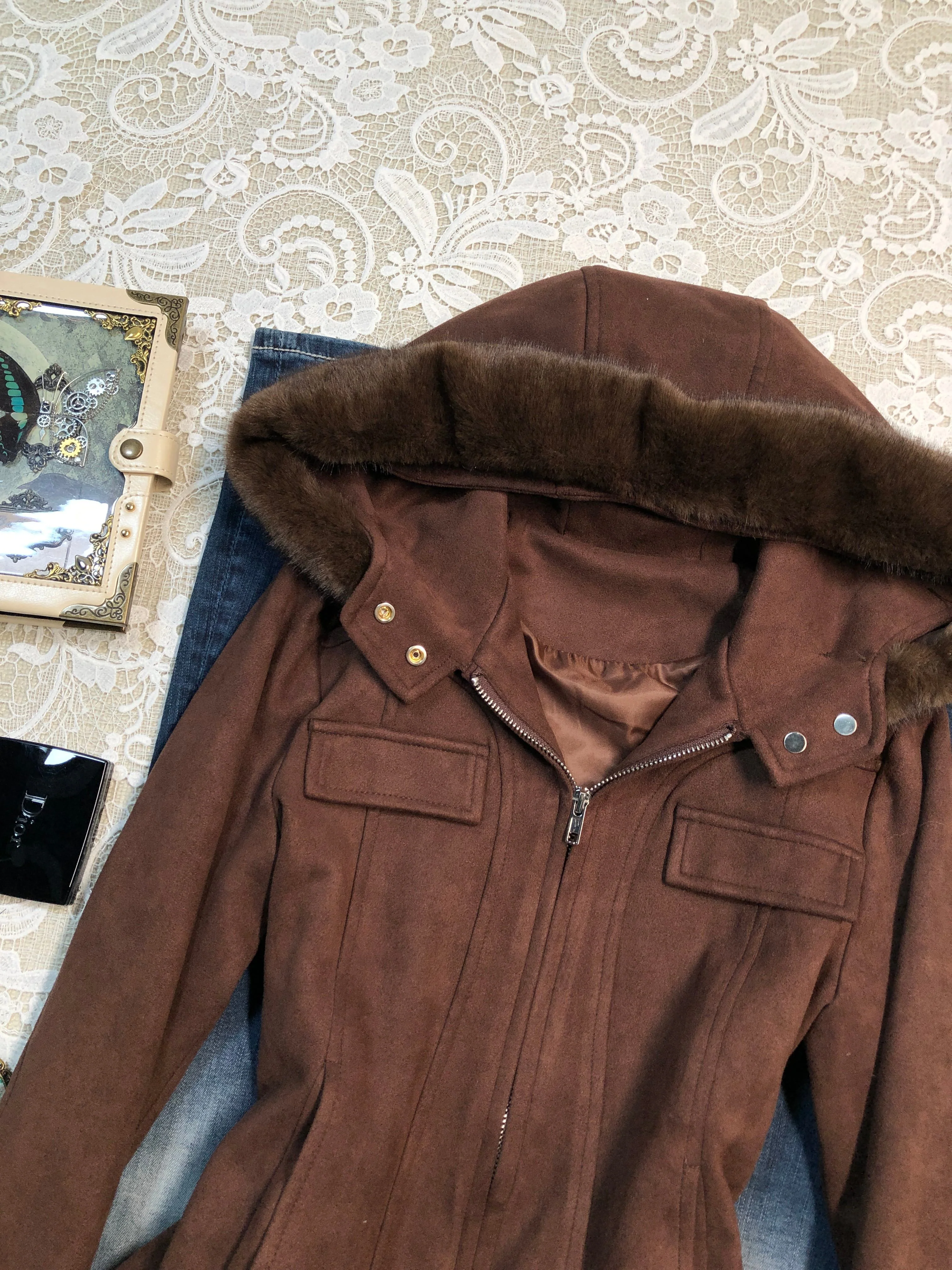 Maillard fur collar hooded short coat - Image 4
