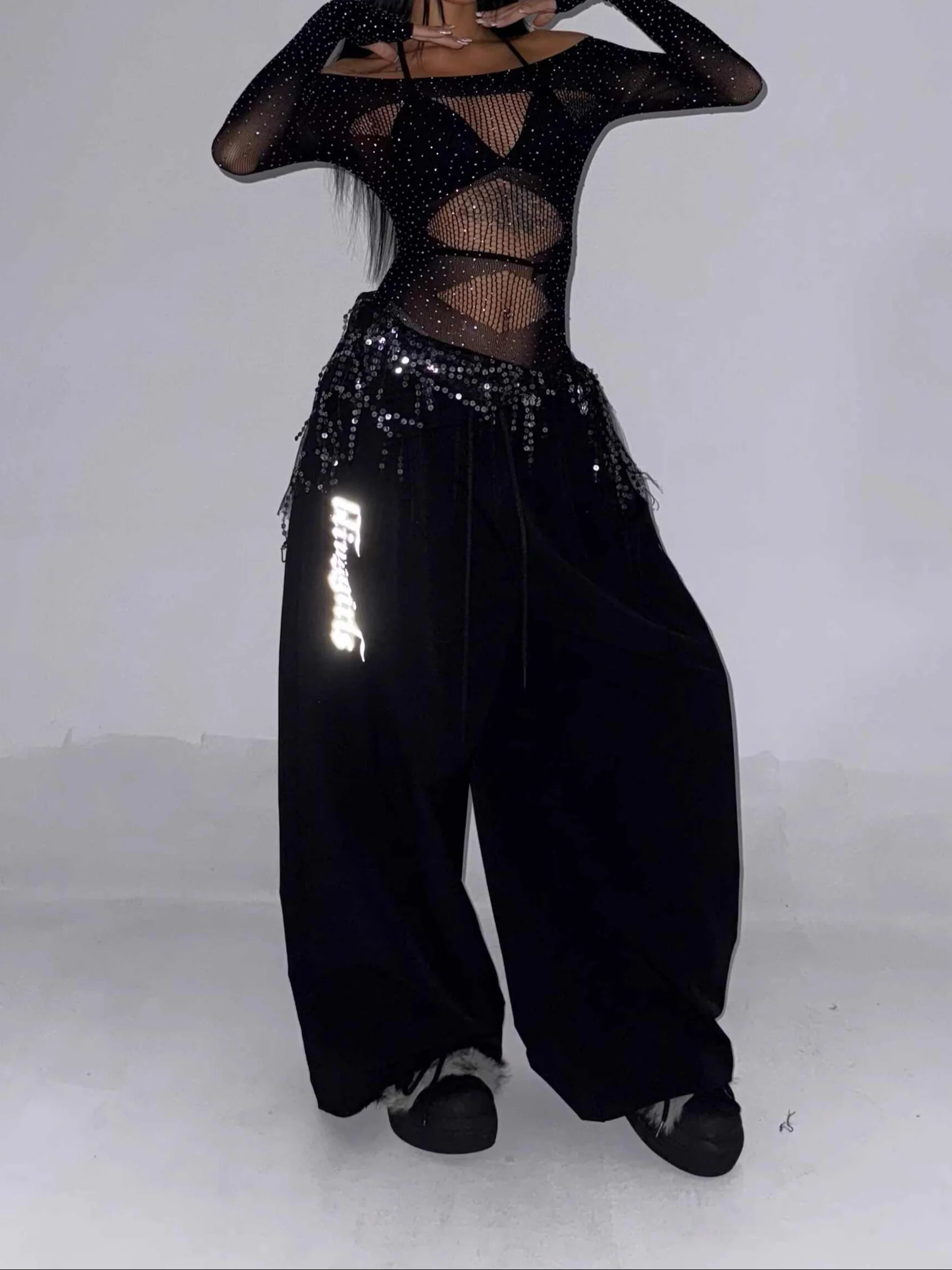 Mesh Diamond Dark Coquette Long-sleeved Top - Image 2