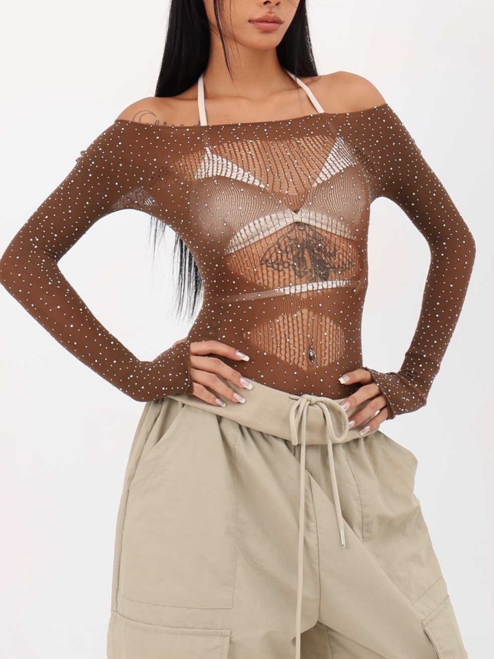 Mesh Diamond Dark Coquette Long-sleeved Top - Image 3