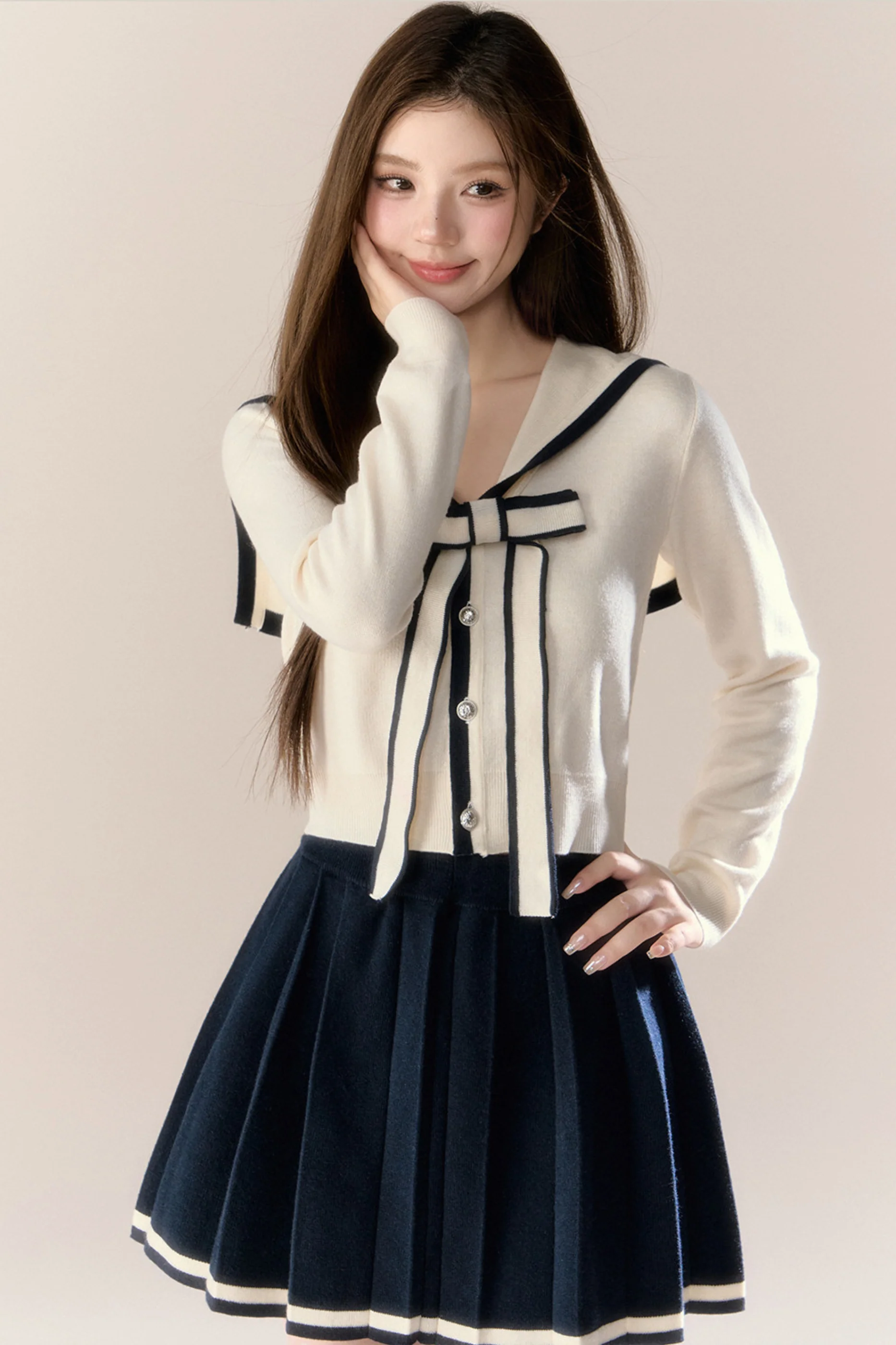 Sailor Ribbon Cardigan + Pleated Skirt - Image 3